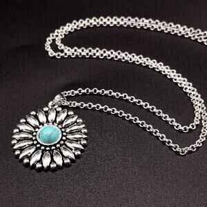 925 Silver Necklace w/ Turquoise Sunflower Pendant Women's Vintage Boho Gift